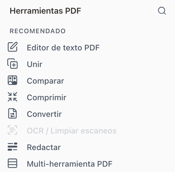 Lista «Herramientas PDF» de Stirling PDF en español, con la lupa del buscador arriba a la derecha. En el apartado RECOMENDADO salen Editor de texto PDF, Unir, Comparar, Comprimir, Convertir, OCR / Limpiar escaneos (en gris, desactivada) y Redactar, y abajo Multi-herramienta PDF.
